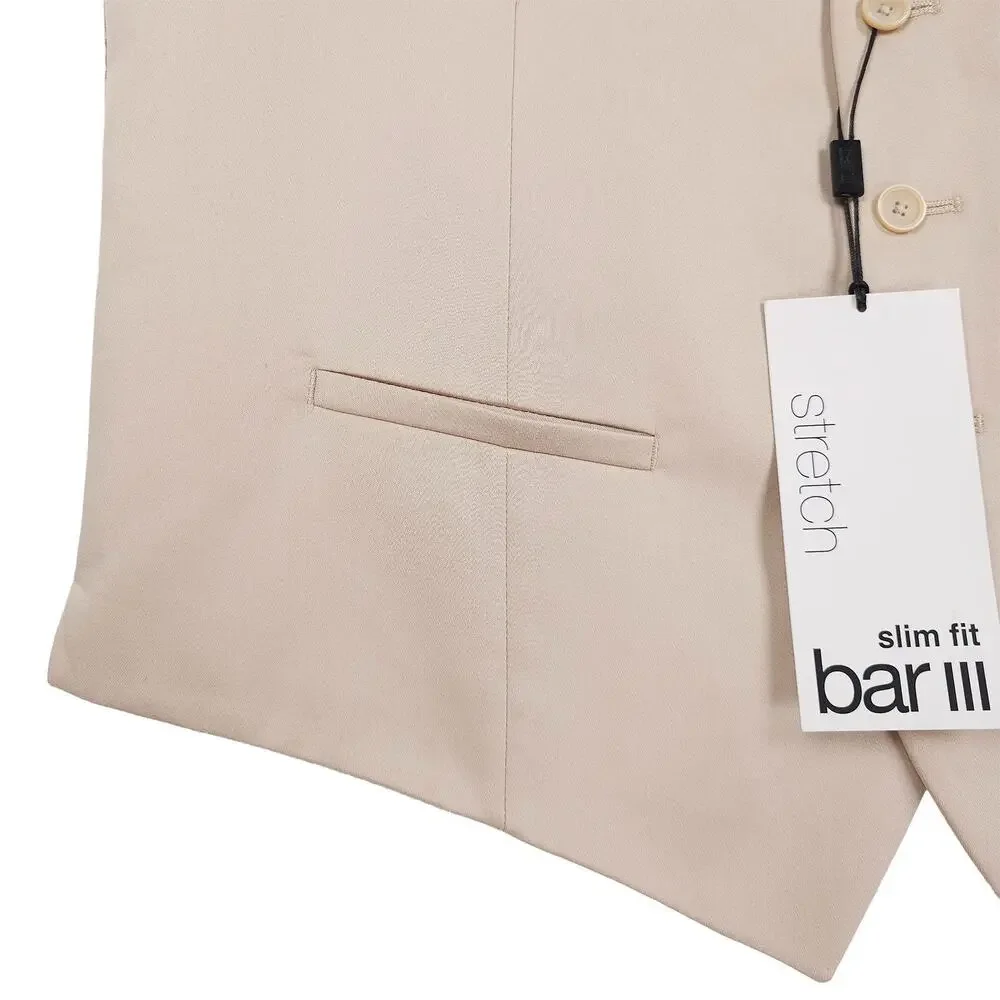Bar III Mens Slim Fit Suit Vest Sz Medium Tan Solid Stretch Cotton Blend NWT